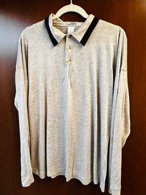 GIANNI VERSACE vintage Men's beige/taupe shirt; dark brown trimmed collar